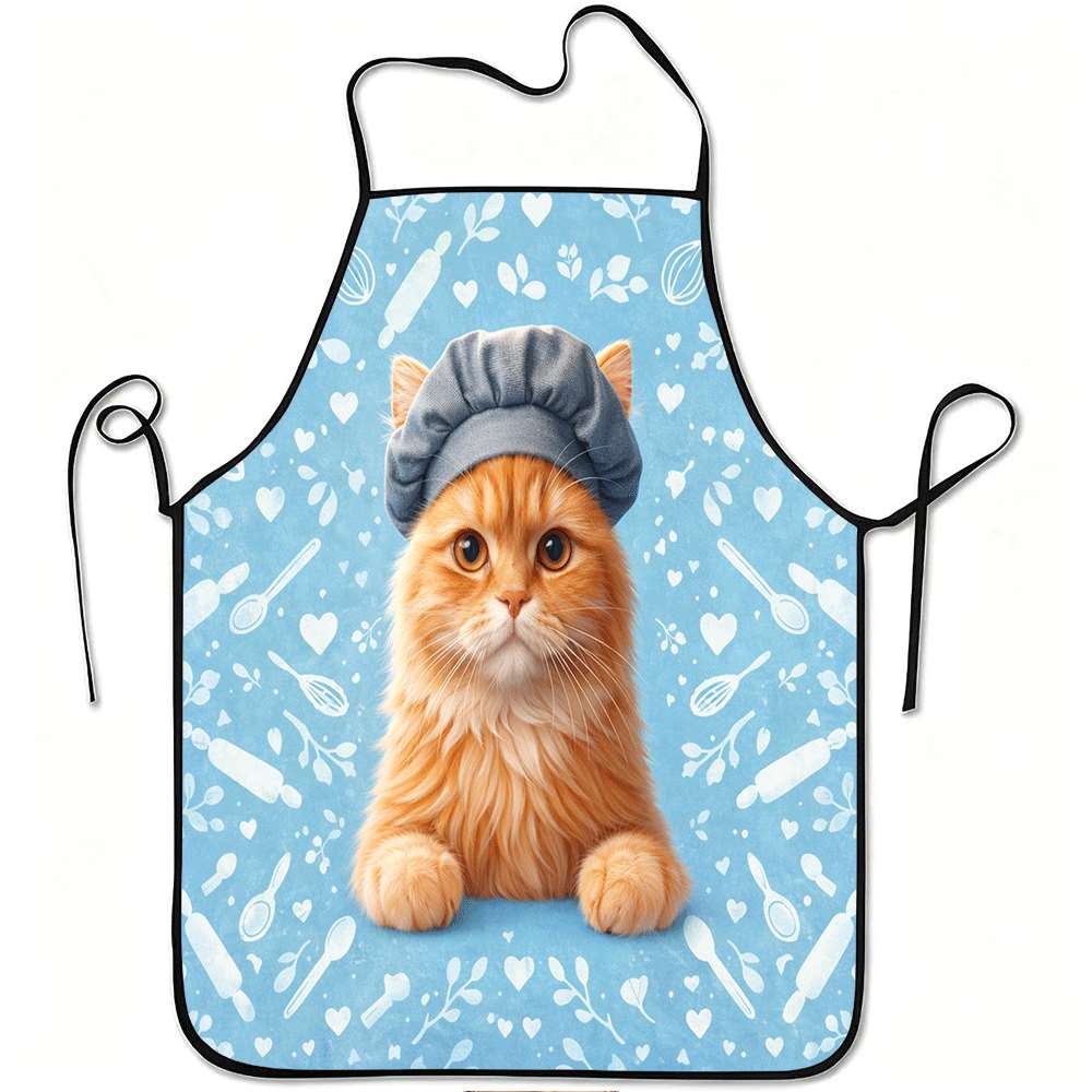 1pc Cute Orange Cat Print Apron - Durable, Easy to Clean, Perfect for Kitchen Cooking, Gardening, Harvesting, Christmas, Halloween & More - Orange Tab