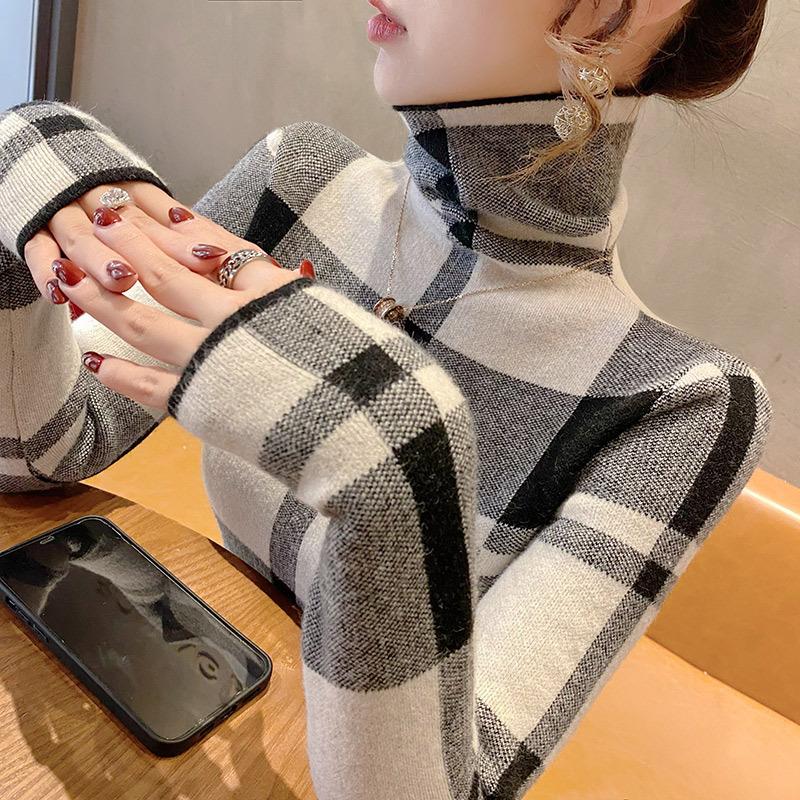 Women's Plaid Turtleneck Sweater Fashionable Inside with New Spring Sweater Long-sleeved Top
