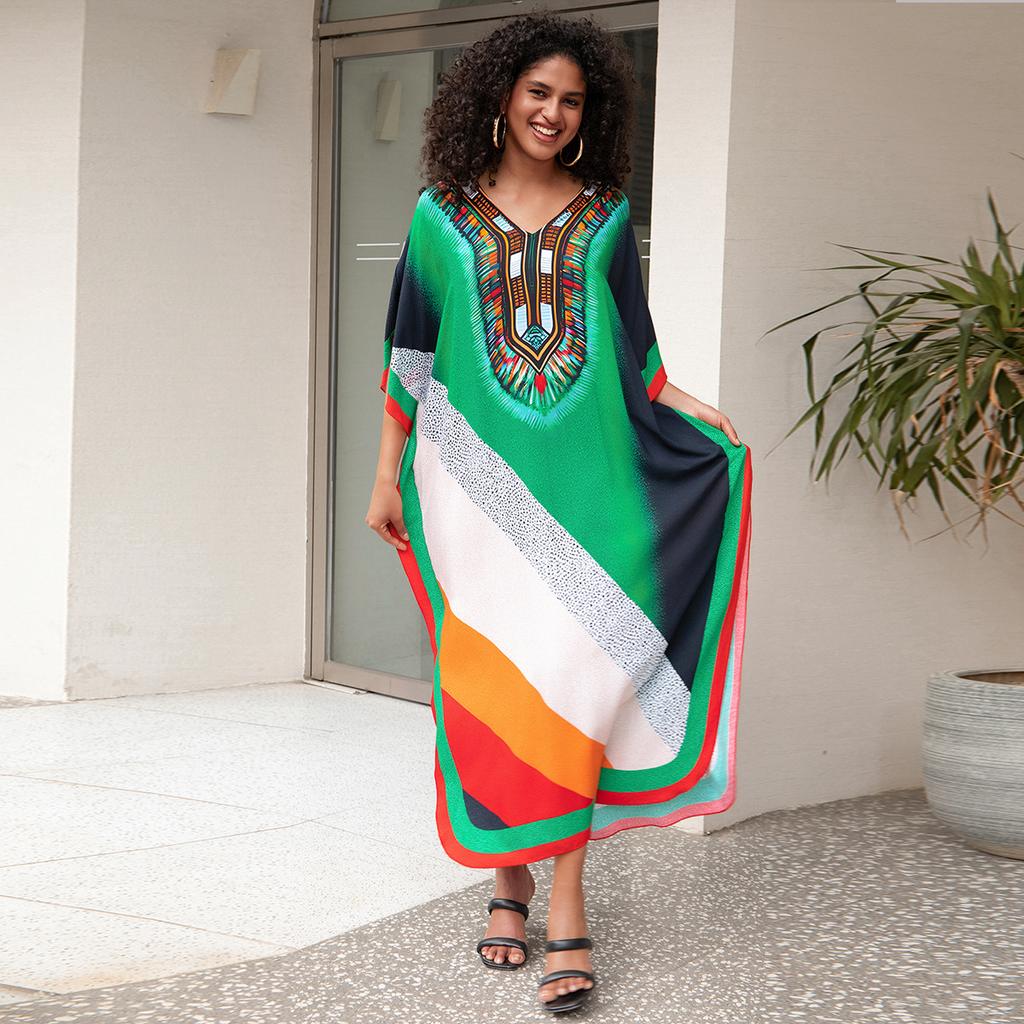 Printed Beach Dresses Viscose Kaftans for Women Summer Plus Size Loose Robe Holiday Living Room Bathing Suits