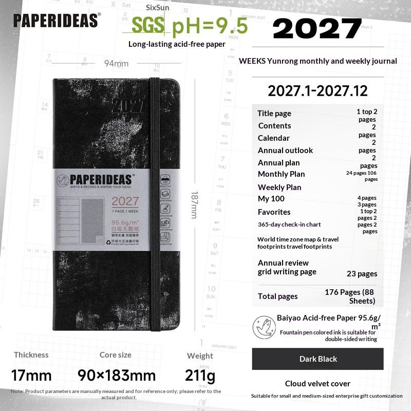 Paperideas Узкий еженедельник 2027 PU Твердая обложка Журнал недель Кислотостойкая бумага Органайзер времени Расписание Руководство