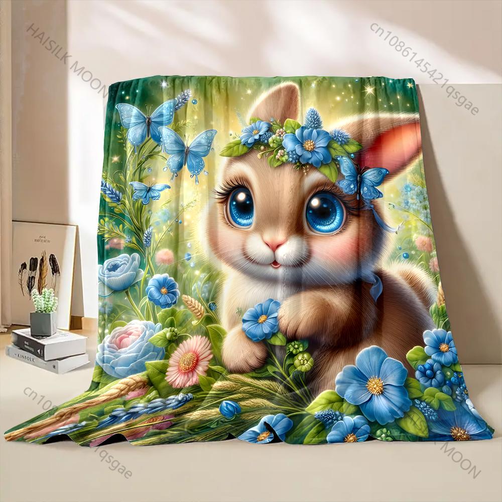 Cute Rabbit Butterfly Dream Print Blanket Warm Soft Luxury Gifts for Children Adults Suitable for Home Sofa Bed Travel Camping