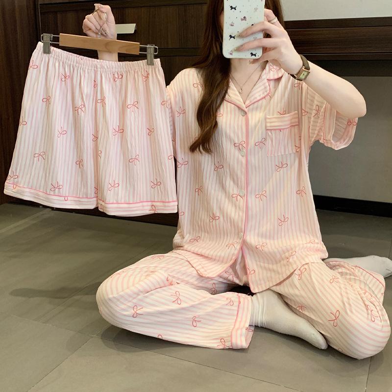 Striped Bow Wrinkled Cloth Pajamas Women'S Summer Short-Sleeved Three-Piece Set Niche Spring Summer Loungewear