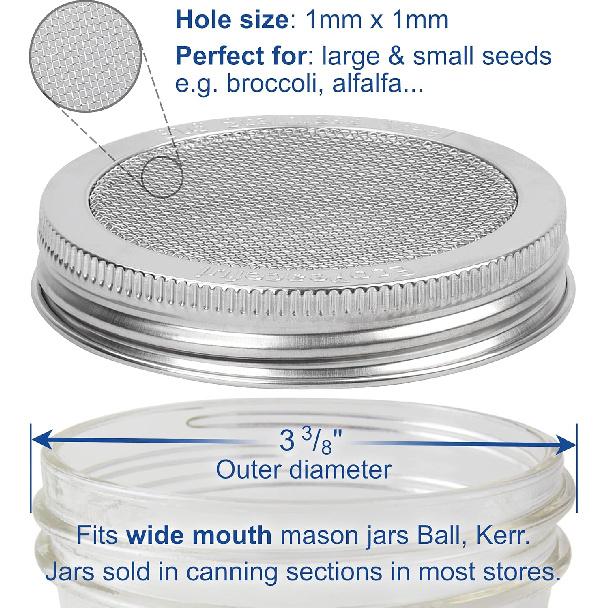 2 Pack ONE-PIECE 316 Surgical Stainless Steel Sprouting Lids for Wide Mouth Mason Jar (Ball Kerr) - One-Piece- Strainer Mesh Lids - Rust-Proof