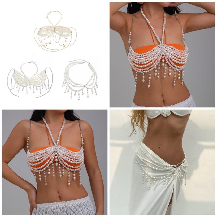 Multipurpose Pearls Embellished Body Chain Bra Beachwear Jewelry Accessory for Fashionable Women Ladies Daily Use