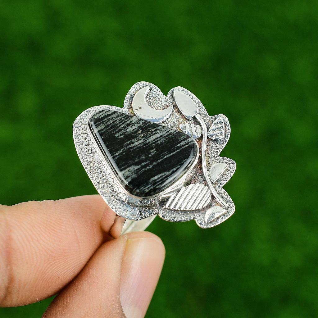 Natural Silver Leaf Jasper 925 Silver Cescent Moon Solitaire Ethnic Ring Jewelry