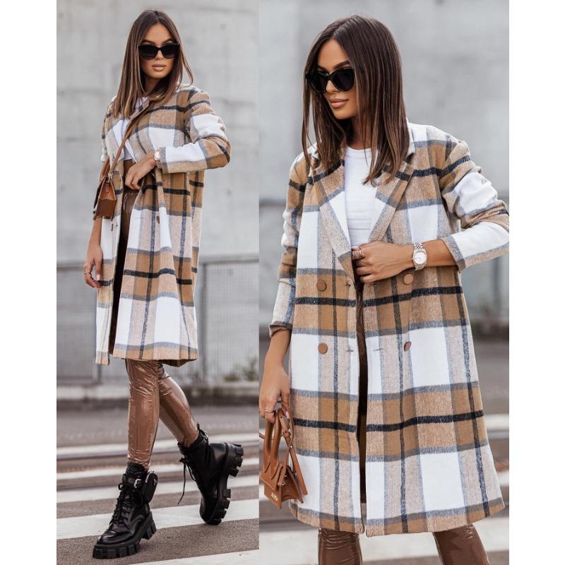 YYFS Women's Fashion Casual Plaid Print  Autumn Winter Long Sleeve POLO Neck Jackets & Coats