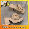 One-word Sandals Summer 2025 New Thick-soled Outer Wear Internet Celebrity Thick Heel Waterproof Table Wedge Heel Fashion High Heels Women