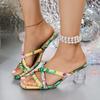 Мода Пляжный Отпуск Высокие Прозрачные Каблуки Сандалии Женские Лето 2025 Мода Большой Квадратный Носок Цветочный Принт Богемные Шлепанцы Женские Большой Размер