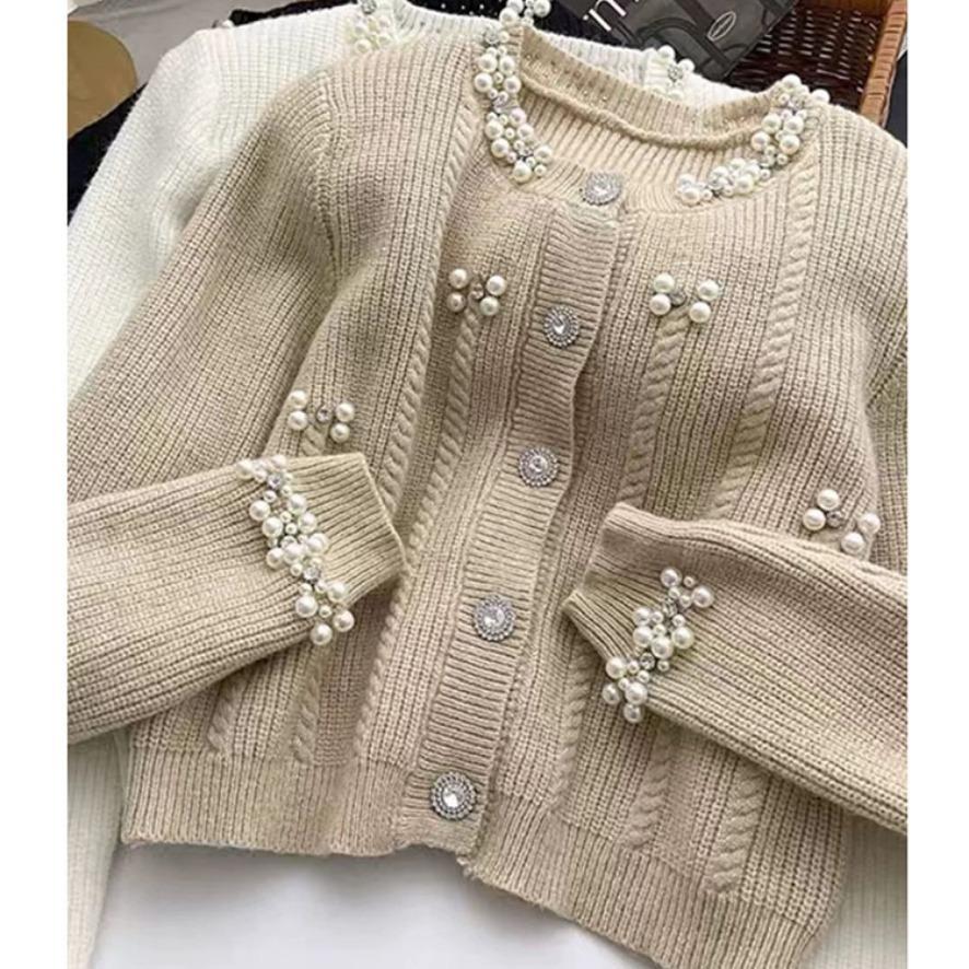 Xiaoxiangfeng Heavy Industry Beaded Gray Sweater Cardigan Knitted Jacket Women's Design Niche Short Temperament Top Multi-color