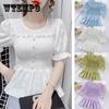 Women's Pearl Button Chiffon Shirt Puff Sleeve Chiffon Blouse Solid Color Waist Slim Top Fashion Korean Ruffle Top