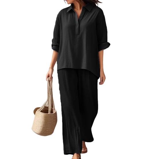 Women's Cotton Linen 2 Piece Set Casual Lapel V Neck Short Sleeve Top Wide Leg Pants Set Summer Loose Lounge Outfits