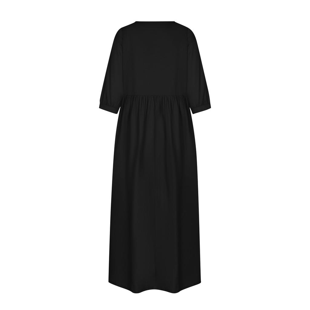 Женское модное однотонное свободное хлопково-льняное длинное платье с карманами и средними рукавами