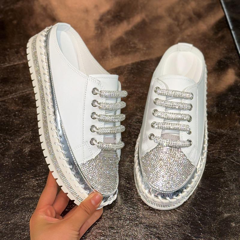 Igh Hels Spring and Summer Muffin Platform Casual Shoes Women's Round Head Rhinestone Shoes Half Slippers Women's Shoes