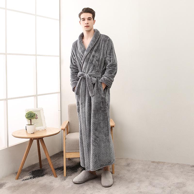 Plus Size Men's Autumn Winter Bathrobe Couple's Thickened Long Robe Solid Waist-tie Loungewear with Pockets