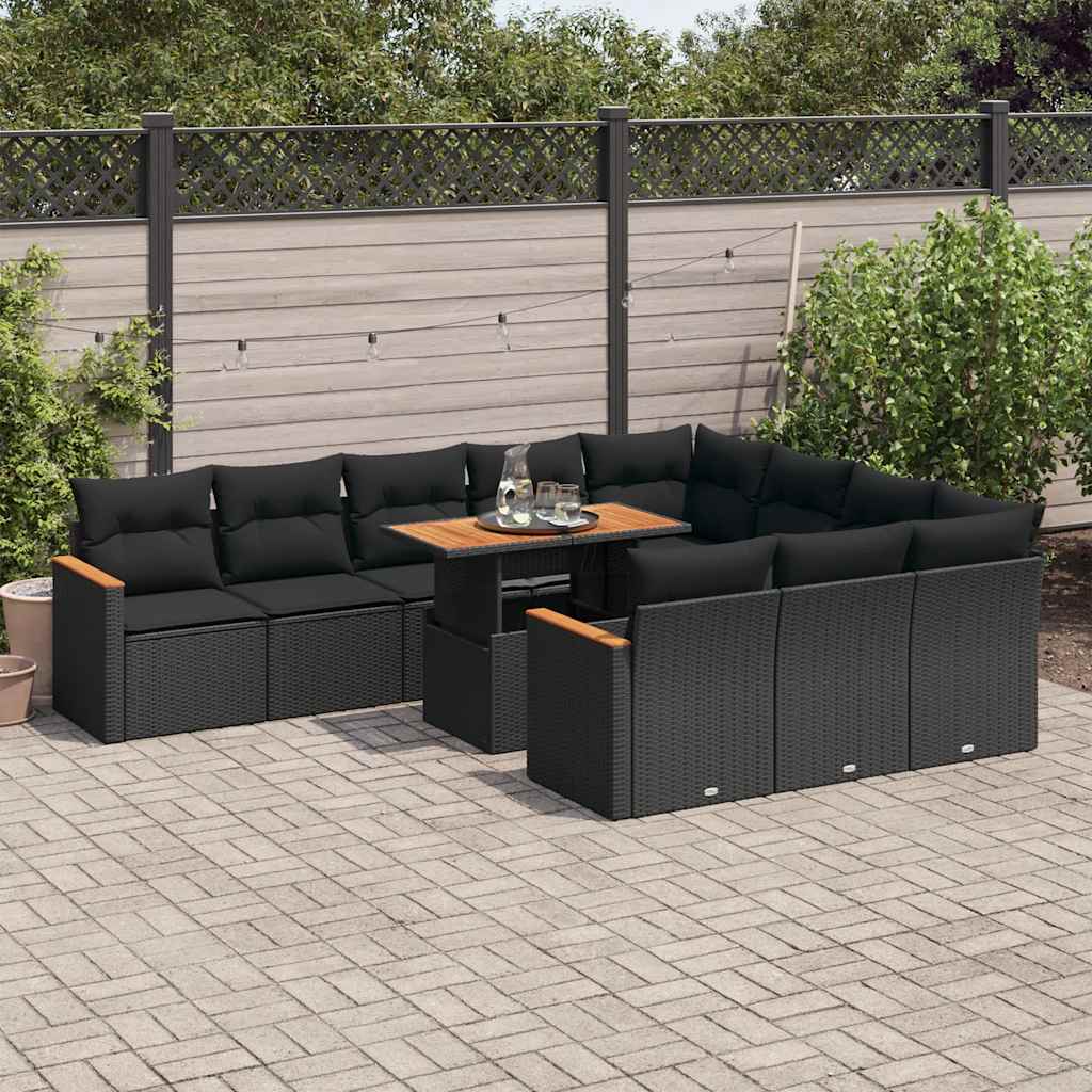 11 Piece Garden Sofa Set with Cushions Black Poly Rattan
