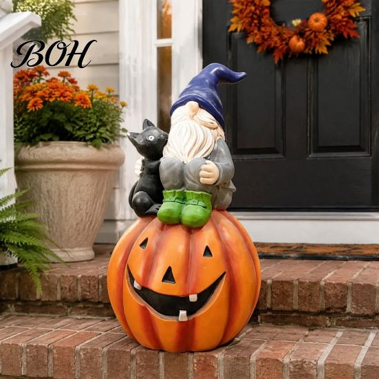 Holiday Gift for Her Halloween Gnome Outdoor Garden Statue, Resin on Pumpkin Figurine with Cute Black Cat Cat, Fall Autumn Dwarf Sculpture Porch Yard
