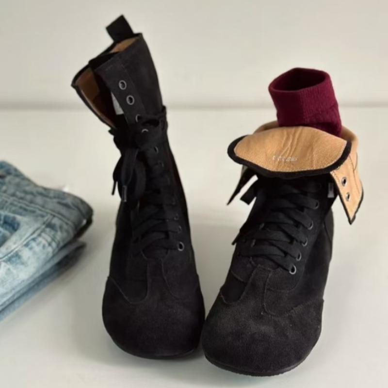 Fashion Autumn New Low Heel Single Boots Women's Fashion Round Head Suede Front Lace-up Anti-slip Wear-resistant Short Boots