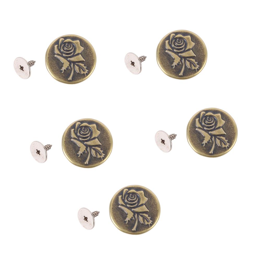 50 Set Pants Buttons No Sew Removable 17mm Rose Pattern Stainless Steel Antique Brass with 2x6.5mm P