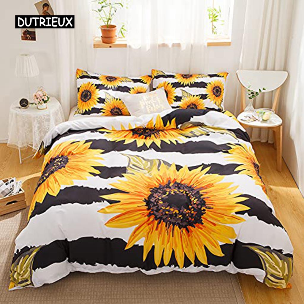 Комплект постельного белья с желтыми цветами Постельное белье с изображением подсолнухов Поля подсолнухов с напечатанными на них ботаническими цветами на закате Комплект постельного белья из полиэстера