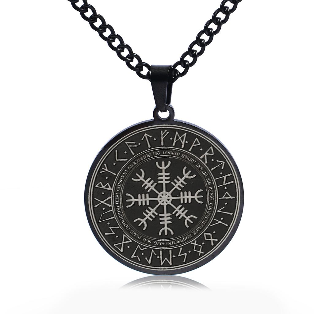 Norse Style Odin Rune Circle Pendant Necklace Stainless Steel Mens Jewelry