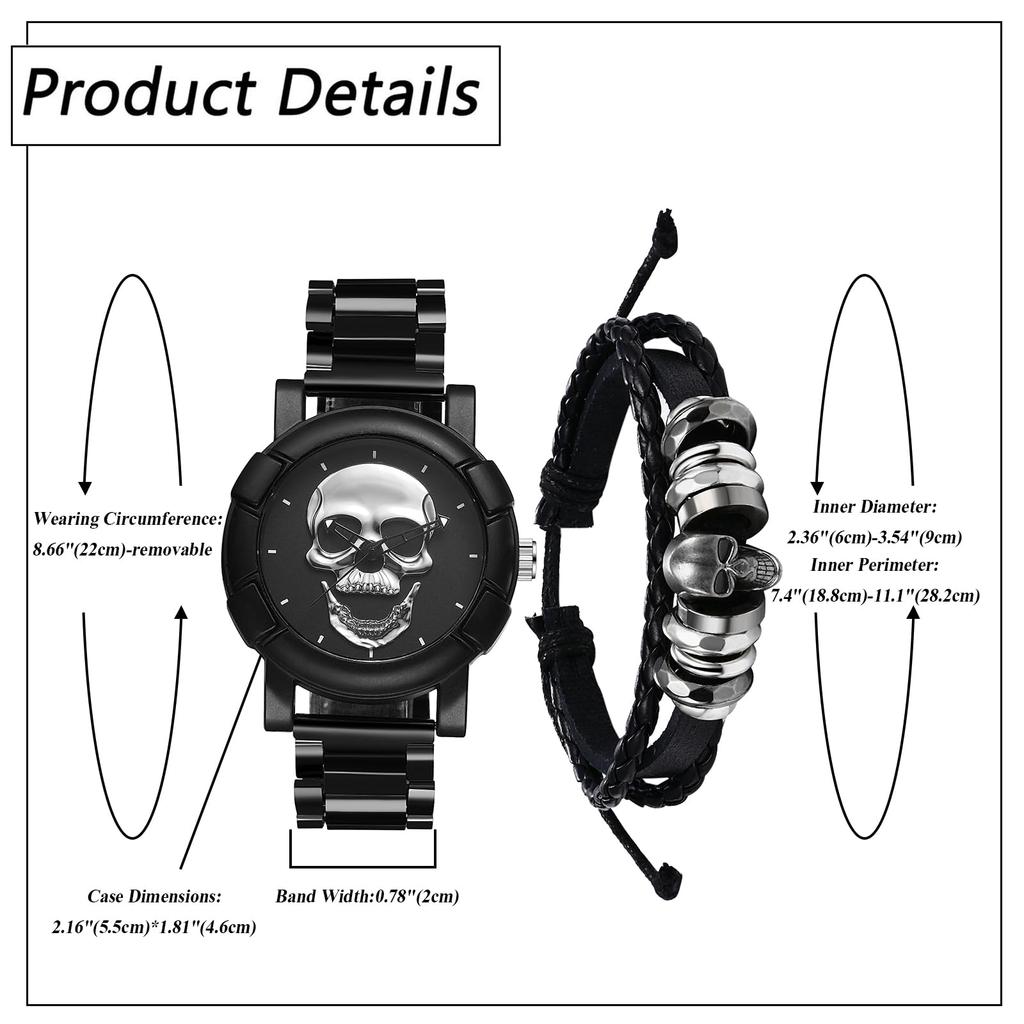 Skeleton Watch Bracelet Set of Rock Punk Leather Strap Stainless Steel Watch Waterproof Analog Quartz Skull Gothic Accessory Birthday Christmas Day
