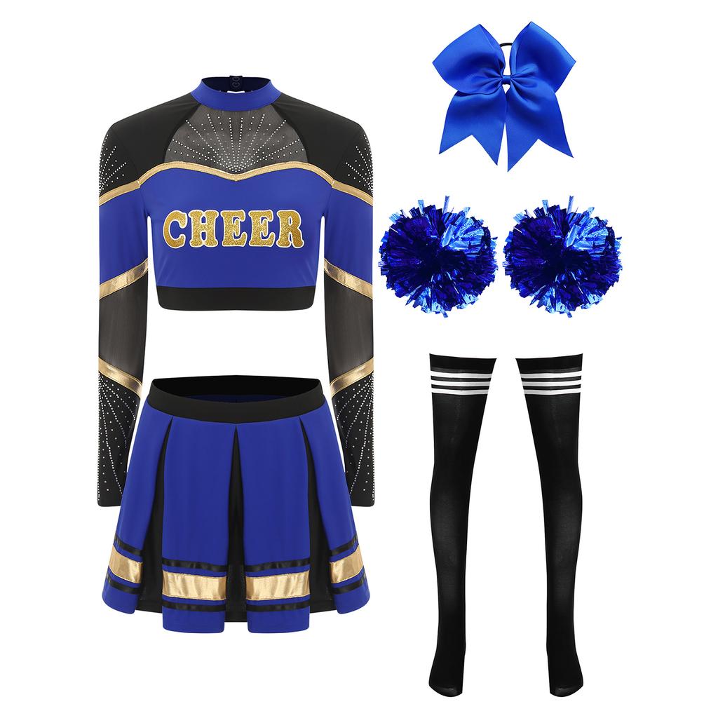 Women Cheerleading Performance Dance Outfit Long Sleeve Mock Neck Rhinestones Crop Top Pleated Skirt Hair Tie Set