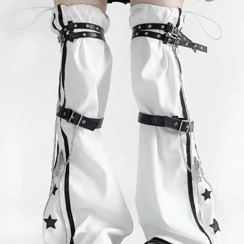 Women Harajuku Star Print Zippered Flared Leg Warmer Aesthetic Fashion Punk PU Harness Strap Leg Cover Thigh High Socks