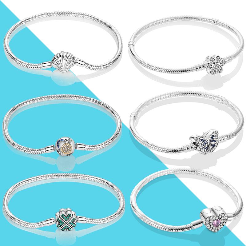 Four Leaf Clover Charm Bracelet 925 Silver Pet Paw Print Butterfly Heart Shape Clasp Snake Chain Fit Original Charm Bead Diy