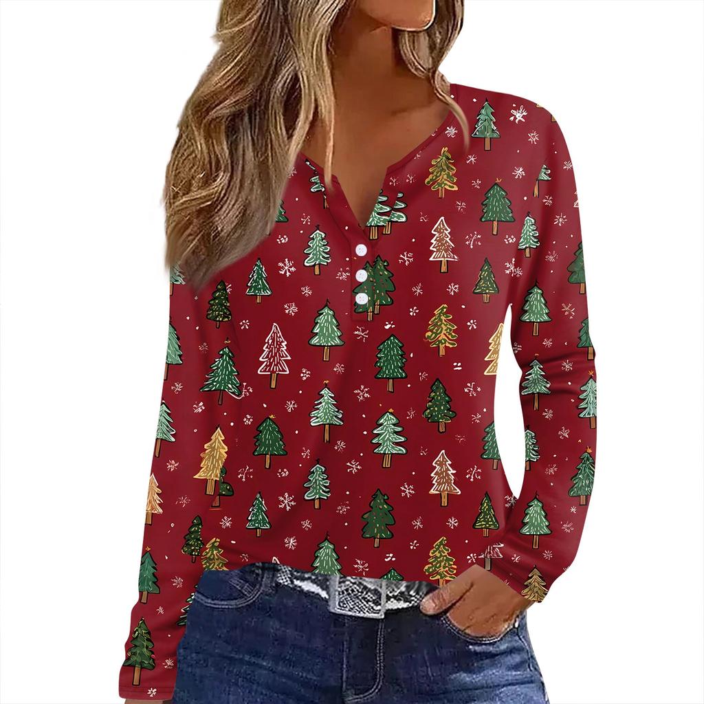 Женская футболка с рождественским принтом на пуговицах с длинным рукавом, повседневная, выходного дня, модная, базовая, с V-образным вырезом, обычная