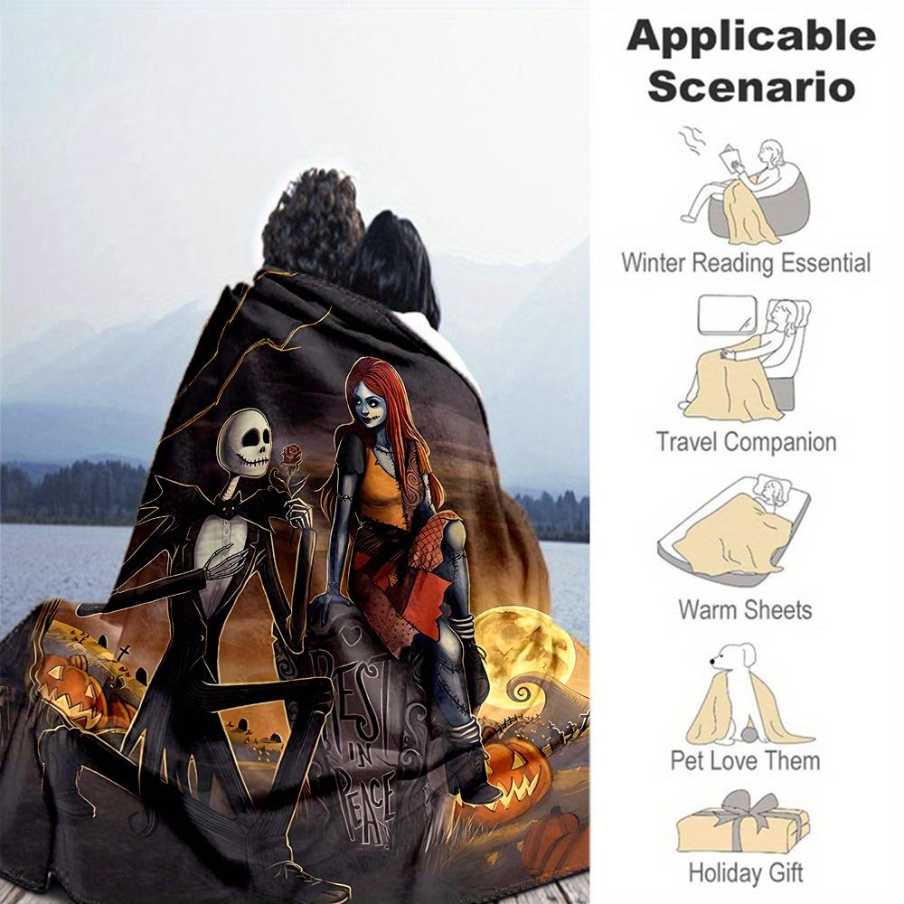 1 шт., Хэллоуин Джек Скеллингтон и Салли Плед Мягкий плед для декора комнаты, Идеальный подарок для семьи и друзей, Гостиная, Путешествия, Кемпинг