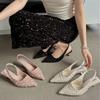 Сандалии с заостренным ремешком сзади, легкие блестки, низкий каблук, плоский каблук, сверкающие женские одинарные туфли