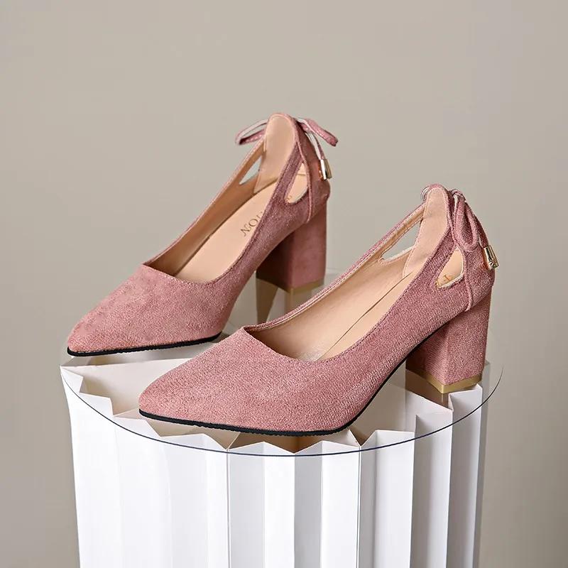 2024 New  Women's Shoes Pointed Toe High Heels Suede Shallow Mouth Thick Heels Work Shoes Trendy Fashion Women's Shoes