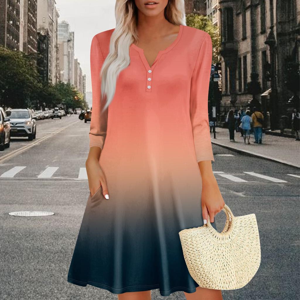 Women's Summer Dress Loose V Neck Three-quarter Sleeve Sundress With Pockets Dress