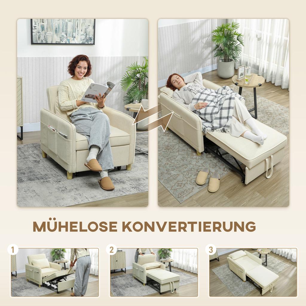 Sleeper Chair 3 in 1 Convertible Chair with Bed Function, Wide Seat for Living Room, Beige