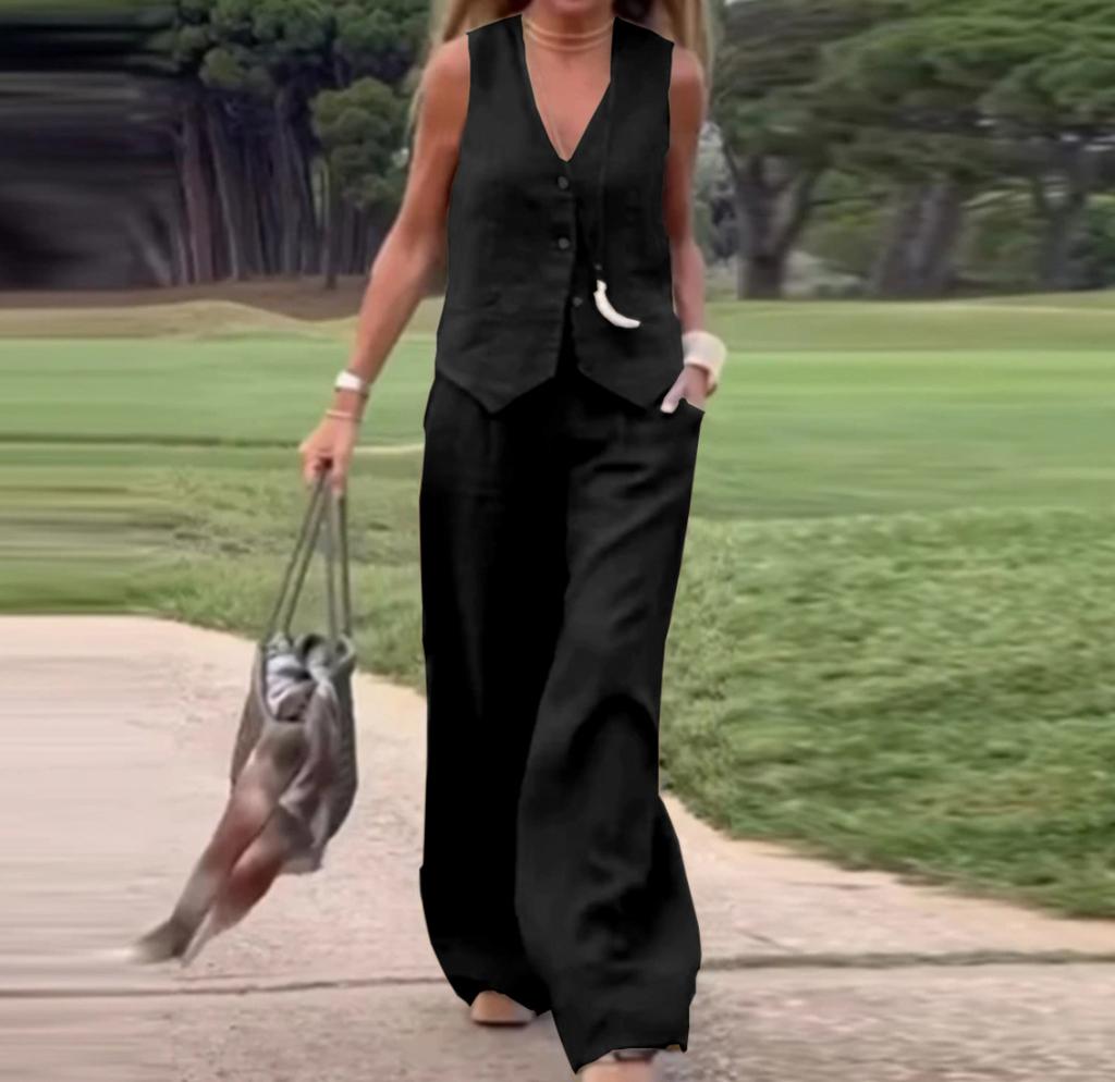 Повседневная повседневная одежда, женский жилет без рукавов и брюки, комплект из двух предметов