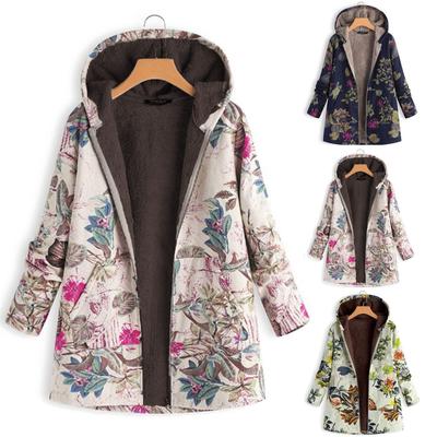 Женская толстая композитная плюшевая куртка на молнии с длинным рукавом и винтажным цветочным принтом больших размеров с капюшоном