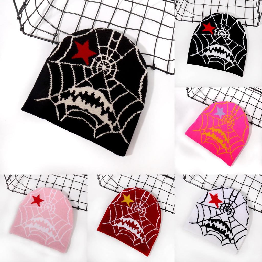 Gothic Style Knit Cap Featuring Spider Web Design For Casual Wear