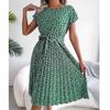 Летнее шифоновое зеленое повседневное плиссированное платье с короткими рукавами и цветочным принтом для женщин, пляжное платье в корейском стиле с круглым вырезом, Vestidos 24986