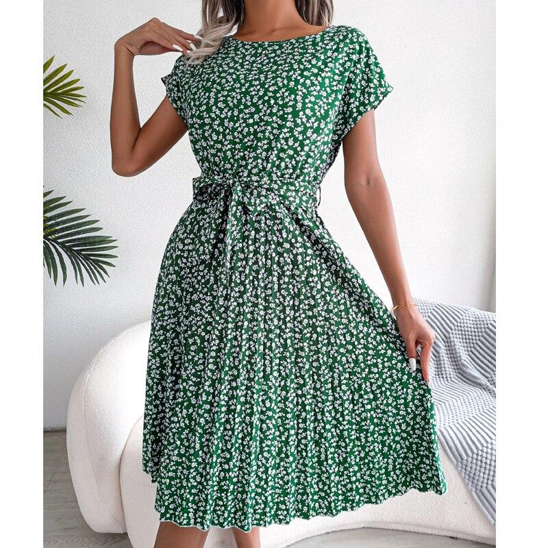 Летнее шифоновое зеленое повседневное плиссированное платье с короткими рукавами и цветочным принтом для женщин, пляжное платье в корейском стиле с круглым вырезом, Vestidos 24986