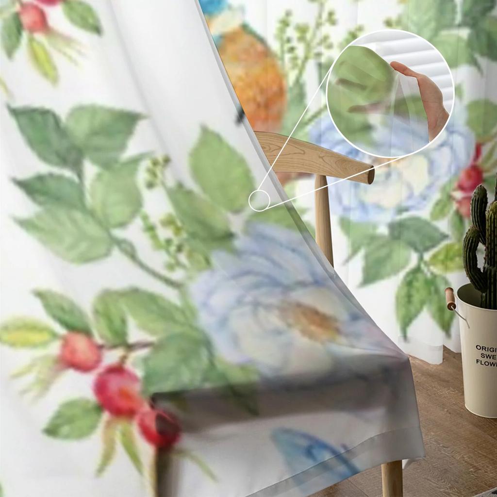 Watercolor Pattern With Birds Tulle Window Curtain For Living Room Bedroom Voile Sheer Curtains Kitchen Treatments Drapes