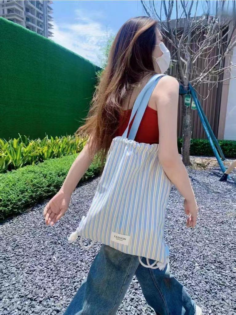 Striped Canvas Drawstring Backpack - 2025 Casual Commuter with Large Capacity & Single Shoulder Strap