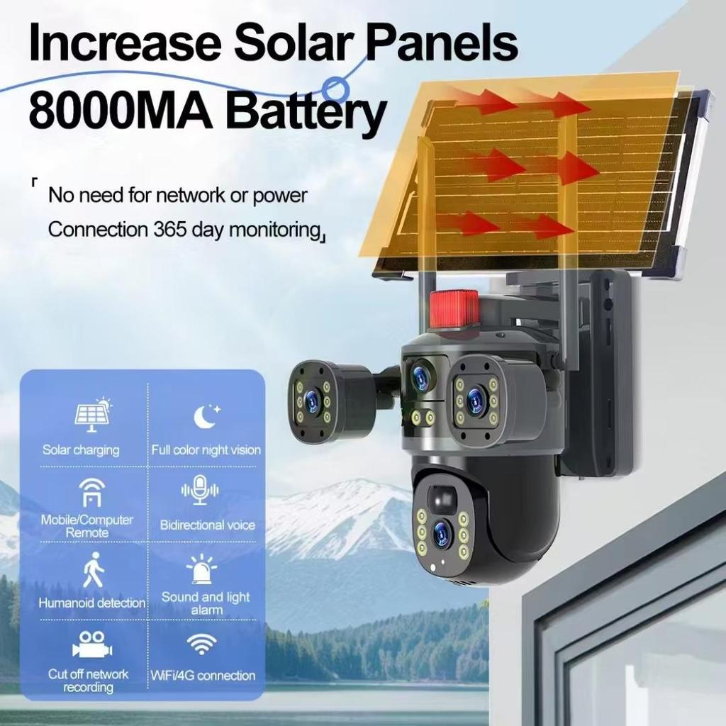 V380Pro 12MP Multi-Linx 3 Screen CCTV Camera Solar 4G WIFI Wireless Solar Panel Powered PTZ Camera Waterproof Outdoor