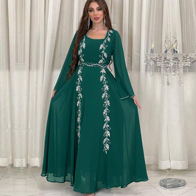 Luxury Women's Embroidered Dress for Muslim Parties, Waist Tied and Slim Fitting Long Style