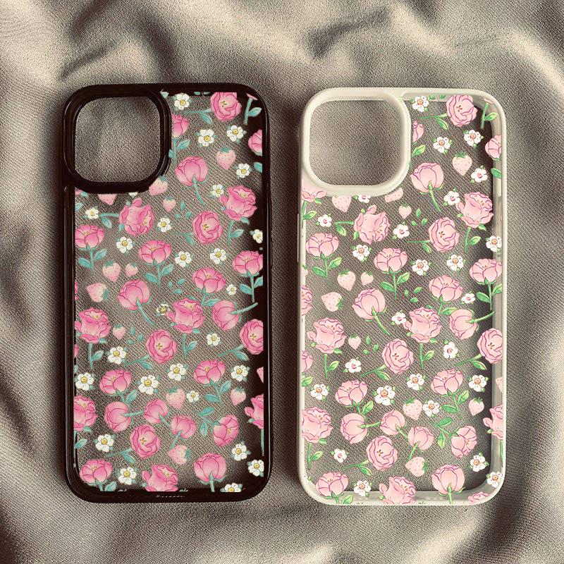 Rose Flower Phone Case For iPhone 14 15 13 12 11 Pro Max X XS XR 7 8Plus INS Korean Cute Pink Poise Rosie Shockproof Hard Cover