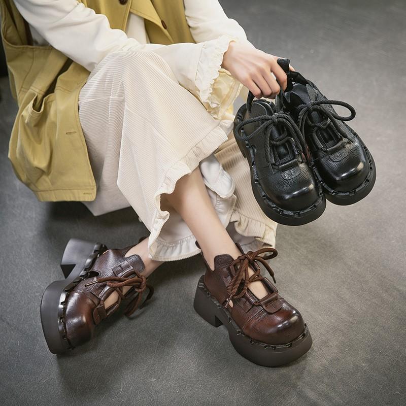 Johnature Ретро Сандалии из Натуральной Кожи с Вырезами Круглый Носок На Шнуровке Толстая Подошва Женская Обувь