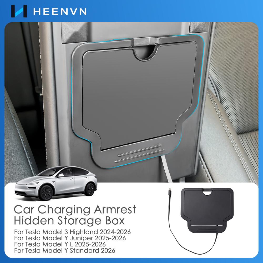 Heenvn Car Hidden Storage Box For Tesla Model 3 Highland /Model Y Juniper/YL 2026 2025 ABS Center Console Armrest Organizer Box