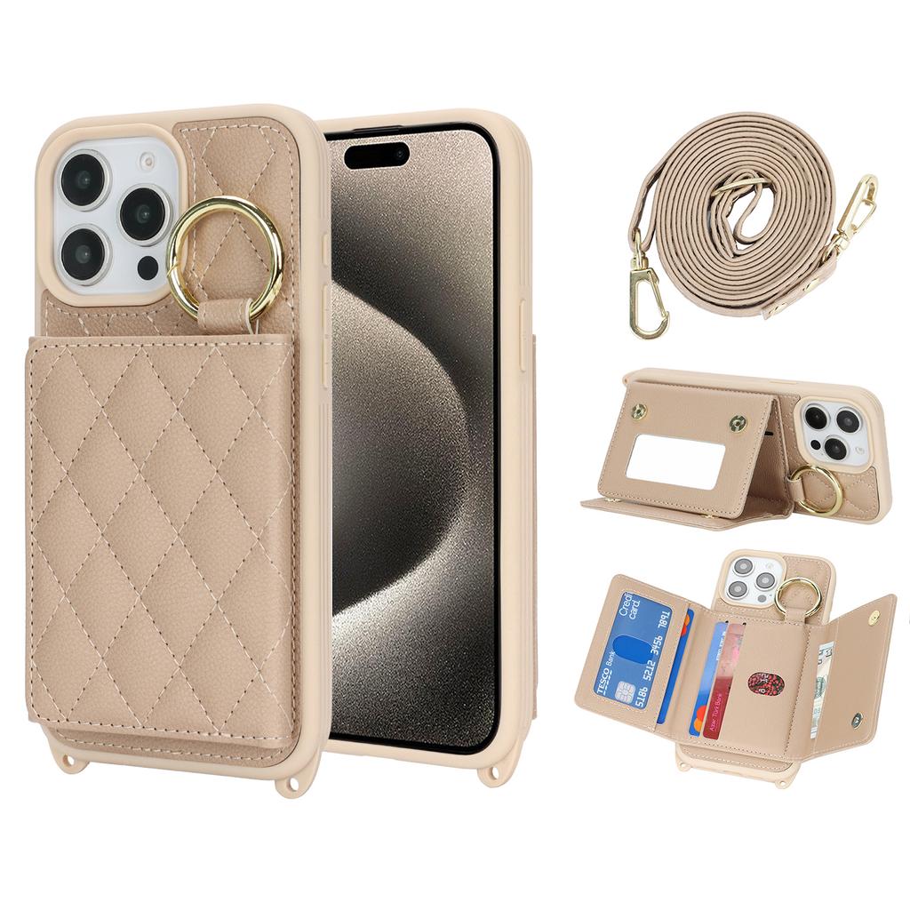 For iPhone 15 Pro Case with Lanyard/Mirror/Card Holder Grids Pattern RFID Blocking Phone Cover