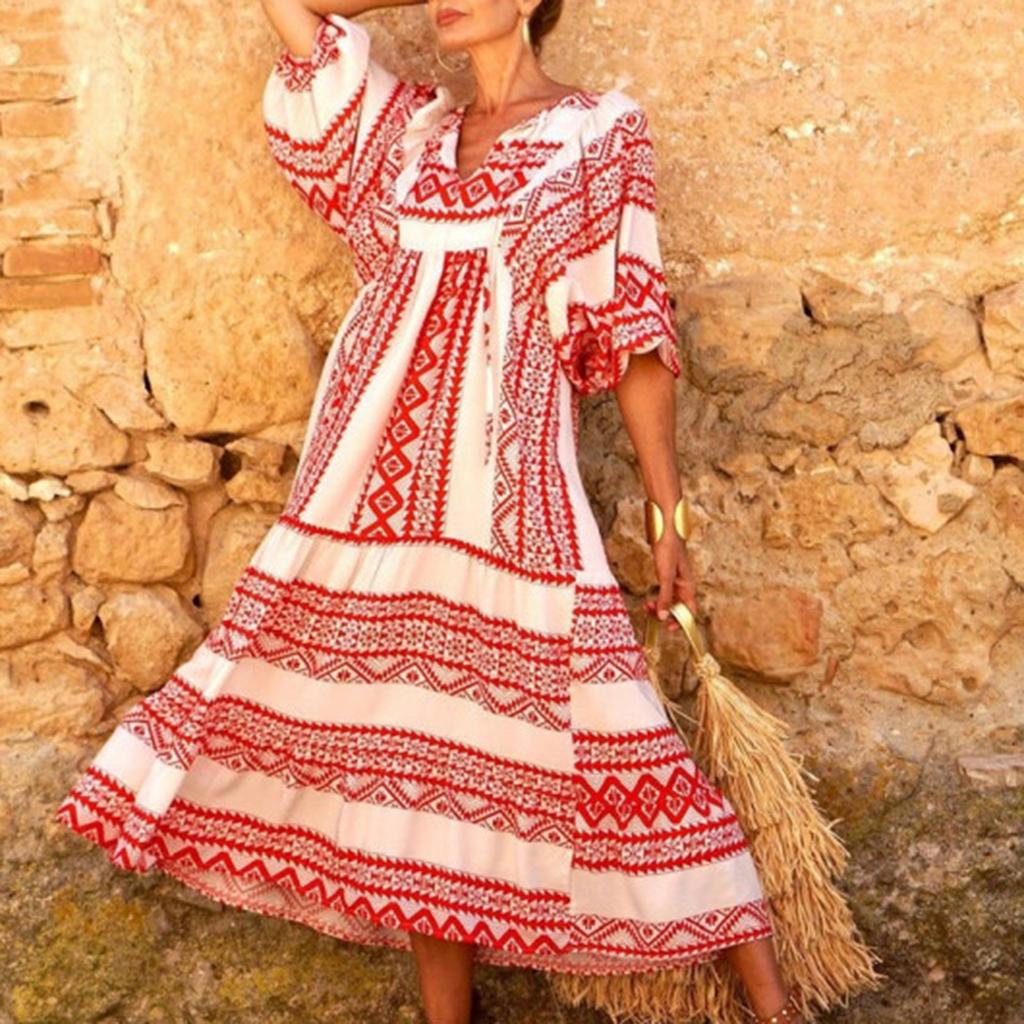 Women's Summer Casual Fashion Geometric Print Neckline Lace-up Bubble Middle-sleeves Ruffle Stitching Big Swing Long Losse Dress