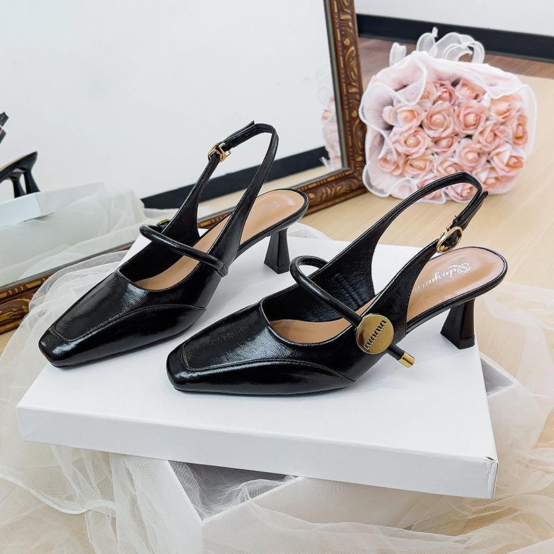 Французские туфли-сандалии с квадратным носком женские 2025 новая летняя обувь Мэри Джейн на толстом каблуке с открытой пяткой и высоким каблуком