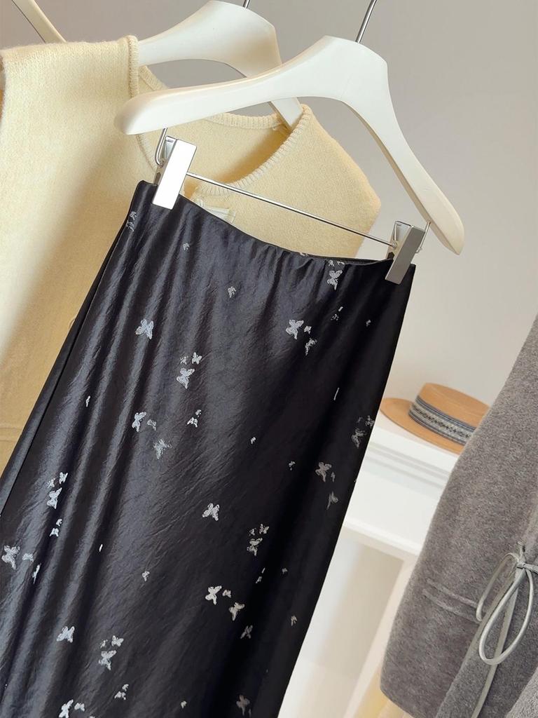 Женская юбка-русалка с высокой талией, весна 2026: Китайский стиль, принт с бабочками и утягивающий сатин